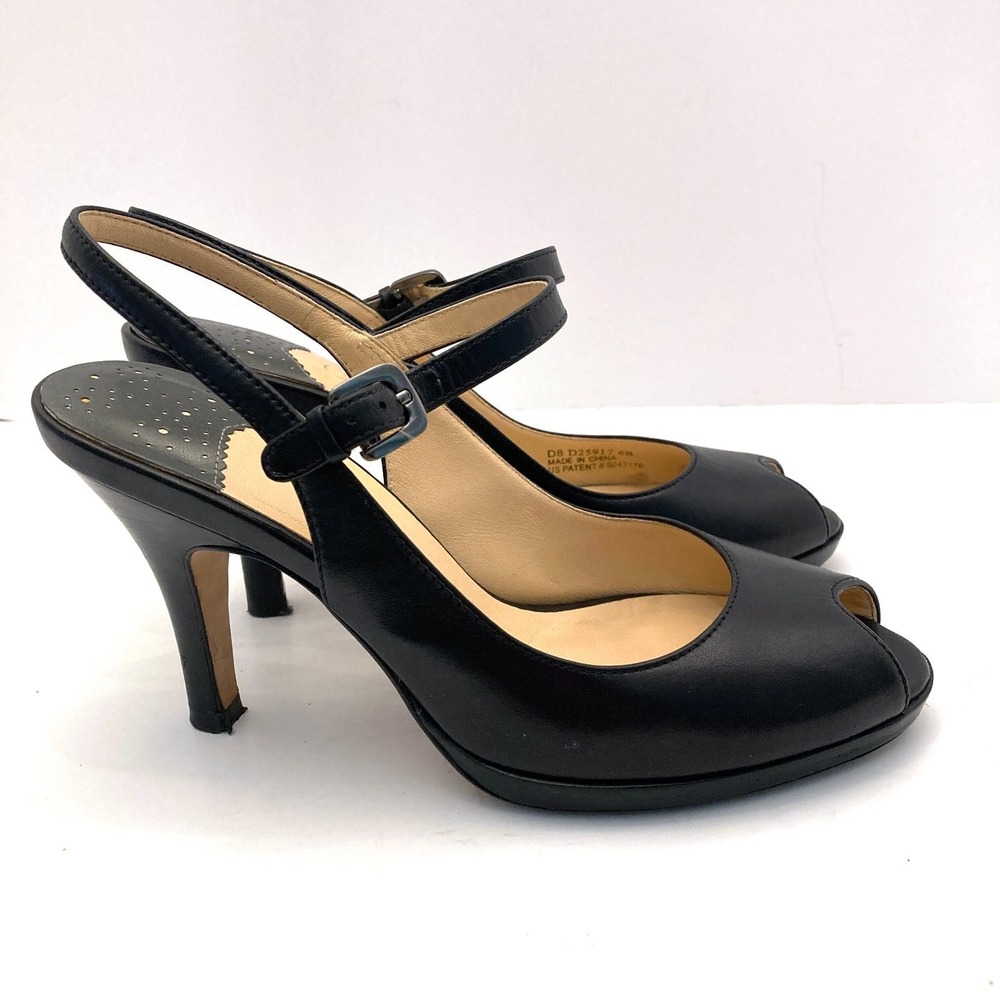 Cole Haan Black Leather Slingback Peep Toe Heels Pumps Womens 6 B Ankle Strap